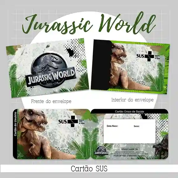 Cartão do SUS digital personalizado Jurassic World para imprimir com arte frente e verso em PNG e PDF