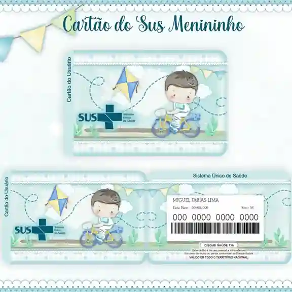 Cartão do SUS digital personalizado Menininho Bicicleta para imprimir com arte frente e verso em PNG e PDF