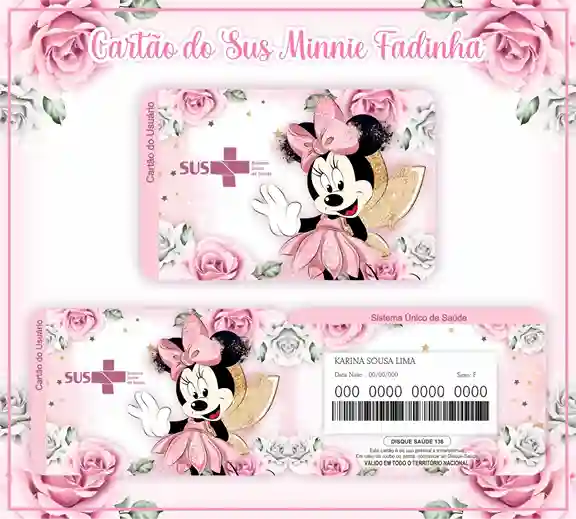 Cartão do SUS digital personalizado Minnie Fada para imprimir com arte frente e verso em PNG e PDF