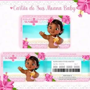 Cartão do SUS digital personalizado Moana Baby para imprimir com arte frente e verso em PNG e PDF