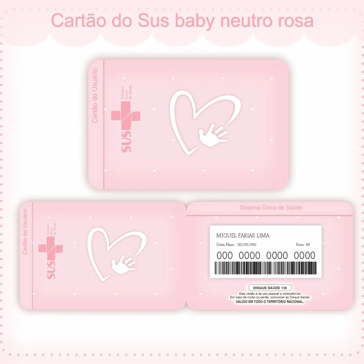 Cartão do SUS digital personalizado Moana Neutro Rosa para imprimir com arte frente e verso em PNG e PDF