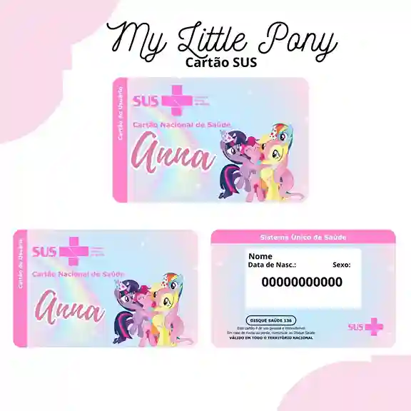 Cartão do SUS digital personalizado My Little Pony para imprimir com arte frente e verso em PNG e PDF