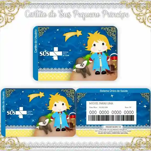 Cartão do SUS digital personalizado Pequeno Príncipe para imprimir com arte frente e verso em PNG e PDF