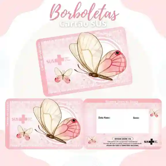 Cartão do SUS digital personalizado Borboleta para imprimir com arte frente e verso em PNG e PDF