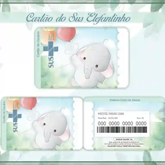 Cartão do SUS digital personalizado Elefantinho para imprimir com arte frente e verso em PNG e PDF