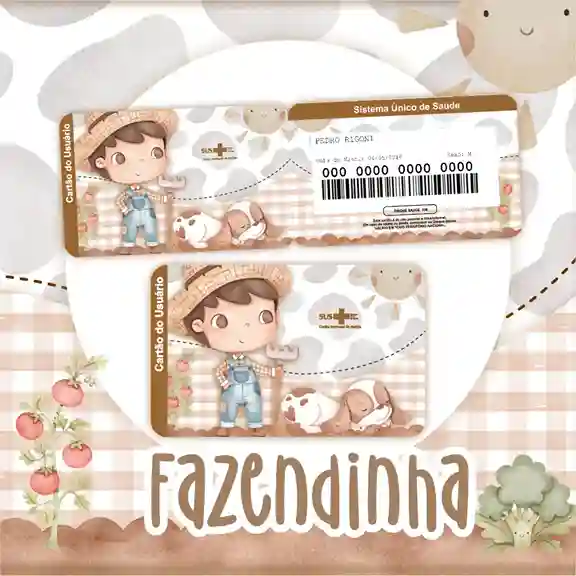 Cartão do SUS digital personalizado Fazendinha para imprimir com arte frente e verso em PNG e PDF