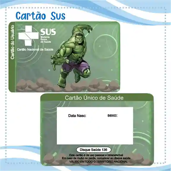 Cartão do SUS digital personalizado Hulk para imprimir com arte frente e verso em PNG e PDF