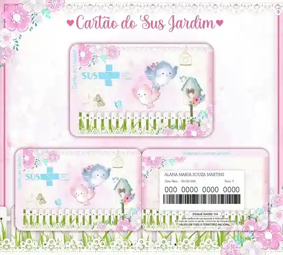 Cartão do SUS digital personalizado Jardim de Passaros para imprimir com arte frente e verso em PNG e PDF