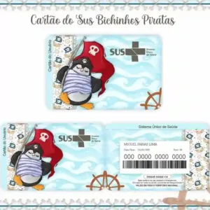 Cartão do SUS digital personalizado Pinguim Pirata para imprimir com arte frente e verso em PNG e PDF