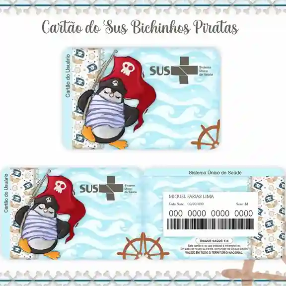 Cartão do SUS digital personalizado Pinguim Pirata para imprimir com arte frente e verso em PNG e PDF