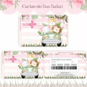 Cartão do SUS digital personalizado Safari Menina para imprimir com arte frente e verso em PNG e PDF