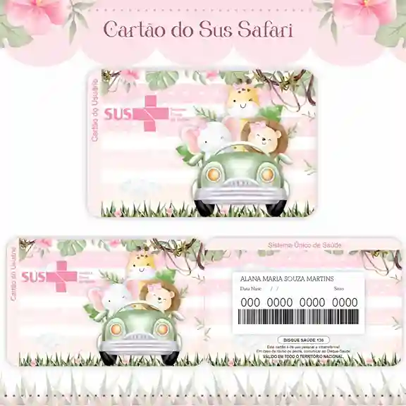 Cartão do SUS digital personalizado Safari Menina para imprimir com arte frente e verso em PNG e PDF