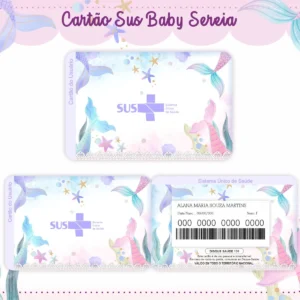 Cartão do SUS digital personalizado Sereia Aquarela para imprimir com arte frente e verso em PNG e PDF