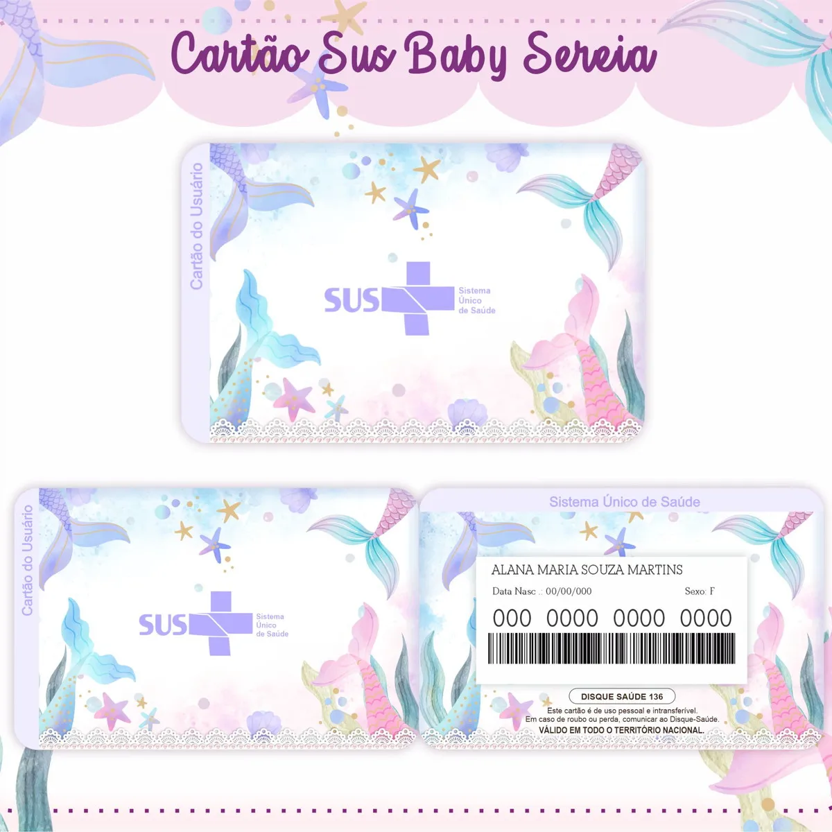 Cartão do SUS digital personalizado Sereia Aquarela para imprimir com arte frente e verso em PNG e PDF