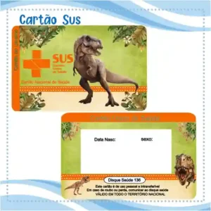Cartão do SUS digital personalizado Tiranossauro Rex para imprimir com arte frente e verso em PNG e PDF