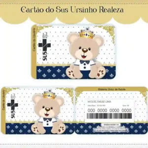 Cartão do SUS digital personalizado Ursinho Realeza para imprimir com arte frente e verso em PNG e PDF