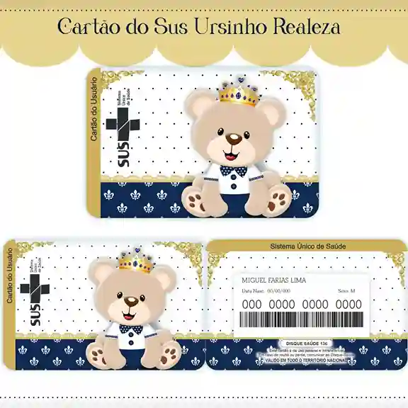 Cartão do SUS digital personalizado Ursinho Realeza para imprimir com arte frente e verso em PNG e PDF
