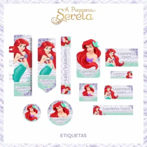 Kit de etiqueta escolar no tema A Pequena Sereia Ariel em alta resolução para cadernos, livros e material escolar.