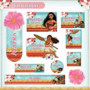 Kit de etiquetas para caderno e lápis escolar no tema Moana em alta resolução para organização de materiais.