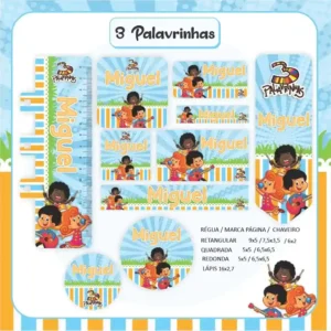 Kit de etiquetas escolares para imprimir tema 3 Palavrinhas em alta resolução para cadernos, livros e papéis.