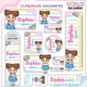 Kit de etiqueta escolar no tema Aluninhas nos formatos Studio, PNG, CDR e PDF em alta resolução para cadernos e livros.