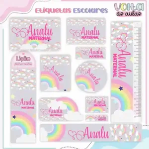 Kit de etiqueta escolar no tema Arco-Íris nos formatos Studio, PNG e PDF em alta resolução para cadernos e livros.