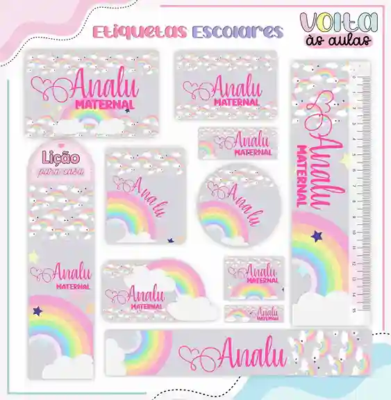 Kit de etiqueta escolar no tema Arco-Íris nos formatos Studio, PNG e PDF em alta resolução para cadernos e livros.