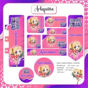 Kit de etiquetas escolares no tema Arlequina nos formatos Studio, PNG, CDR e PDF em alta resolução para cadernos.