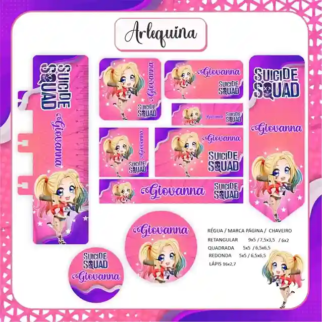 Kit de etiquetas escolares no tema Arlequina nos formatos Studio, PNG, CDR e PDF em alta resolução para cadernos.