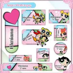 Kit de etiquetas escolares no tema As Meninas Superpoderosas em alta resolução para cadernos, livros e materiais.