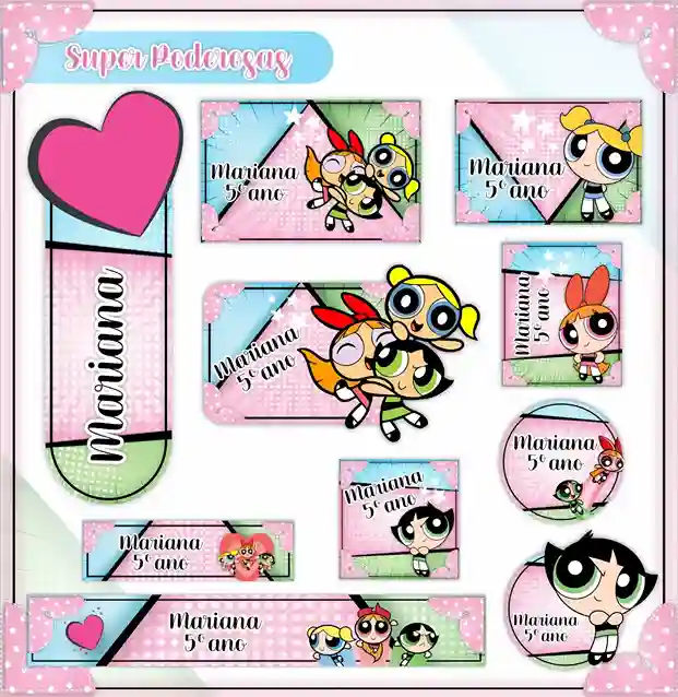 Kit de etiquetas escolares no tema As Meninas Superpoderosas em alta resolução para cadernos, livros e materiais.