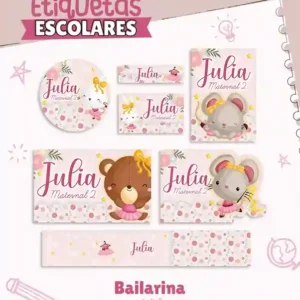 Kit de etiqueta escolar personalizada no tema Animais Bailarina em alta resolução para cadernos e livros.