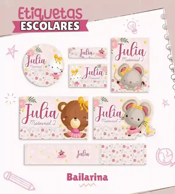 Kit de etiqueta escolar personalizada no tema Animais Bailarina em alta resolução para cadernos e livros.