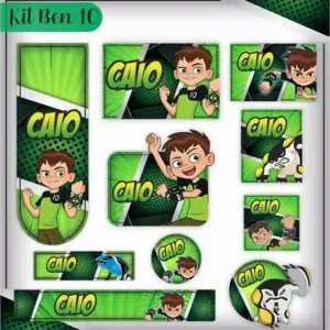 Kit de etiquetas escolares no tema Ben 10 nos formatos Studio, CDR, PNG e PDF em alta resolução para cadernos.