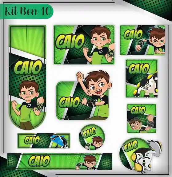 Kit de etiquetas escolares no tema Ben 10 nos formatos Studio, CDR, PNG e PDF em alta resolução para cadernos.