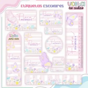 Kit de etiqueta escolar para imprimir no tema Borboleta Rosa em alta resolução para cadernos, livros e papéis.