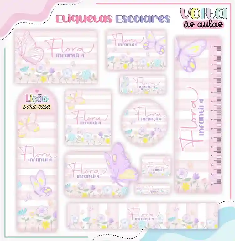 Kit de etiqueta escolar para imprimir no tema Borboleta Rosa em alta resolução para cadernos, livros e papéis.