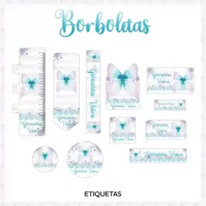 Etiqueta escolar Borboletas Azul para imprimir em adesivo para caderno e lápis para editar e organizar