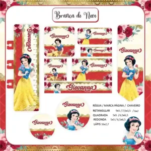 Kit de etiqueta escolar no tema Branca de Neve nos formatos Studio, PNG e PDF em alta resolução para cadernos.