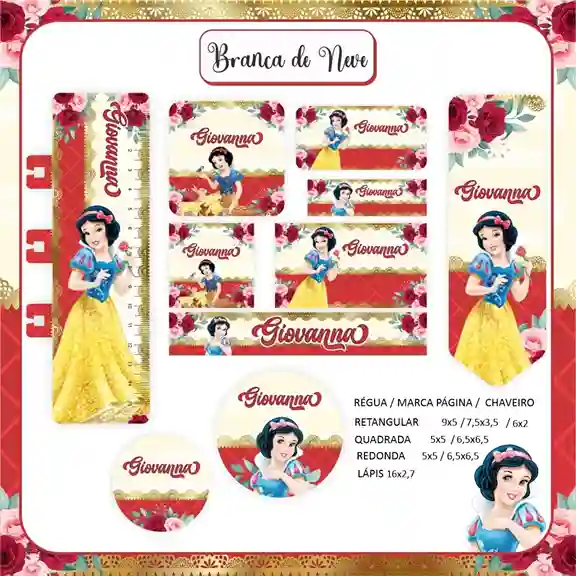 Kit de etiqueta escolar no tema Branca de Neve nos formatos Studio, PNG e PDF em alta resolução para cadernos.
