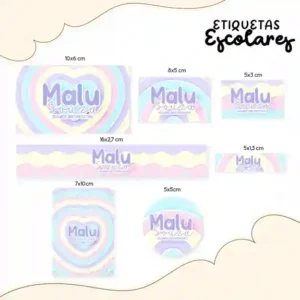 Kit de etiqueta escolar para imprimir no tema Candy Colors no formato PDF em alta resolução para cadernos e livros.