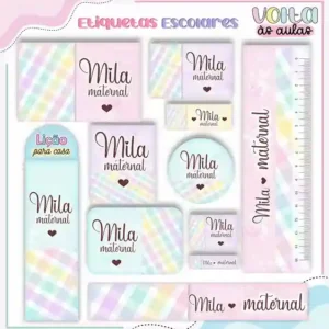 Etiqueta escolar candy colors em adesivo para caderno e lápis para imprimir e editar