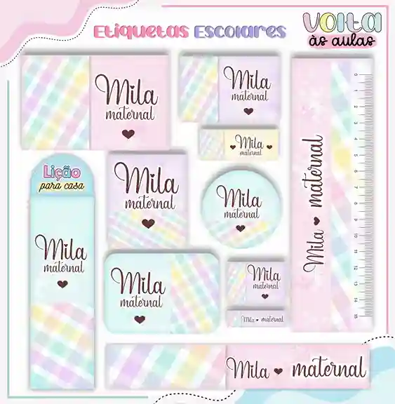 Etiqueta escolar candy colors em adesivo para caderno e lápis para imprimir e editar