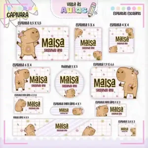 Kit de etiqueta escolar para imprimir no tema Capivara no formato PDF em alta resolução para cadernos e materiais.