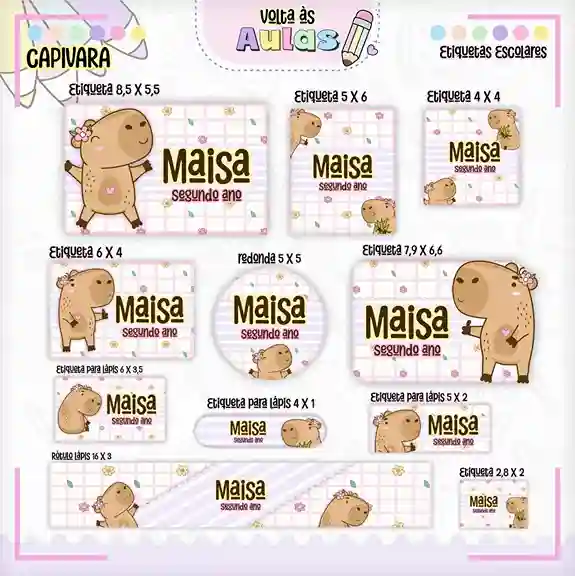 Kit de etiqueta escolar para imprimir no tema Capivara no formato PDF em alta resolução para cadernos e materiais.