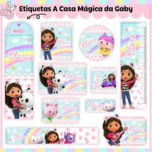 Etiqueta escolar Casa Mágica da Gabby em adesivo para caderno e lápis para imprimir e editar