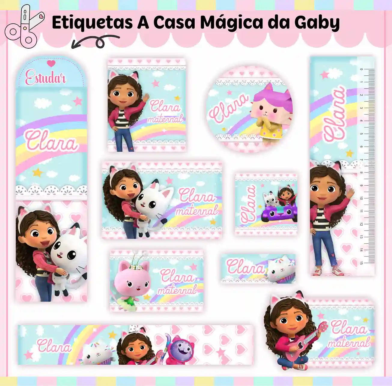 Etiqueta escolar Casa Mágica da Gabby em adesivo para caderno e lápis para imprimir e editar