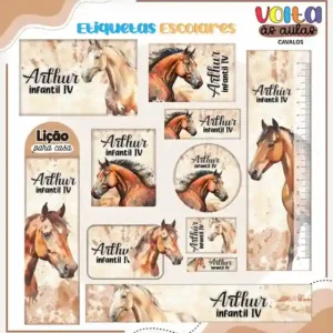 Kit de etiqueta escolar no tema Cavalo nos formatos Studio, CDR, PNG e PDF em alta resolução para cadernos e livros.