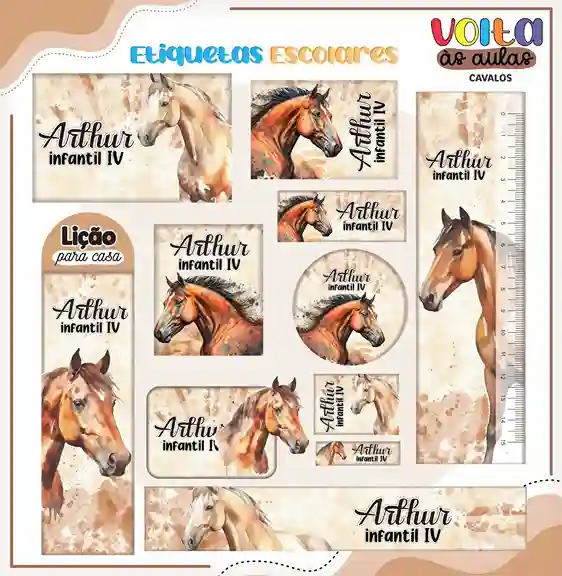 Kit de etiqueta escolar no tema Cavalo nos formatos Studio, CDR, PNG e PDF em alta resolução para cadernos e livros.