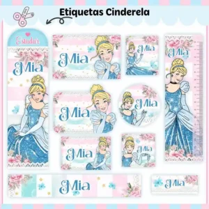 Kit de etiqueta escolar para imprimir no tema Cinderela em arquivo formato PDF para cadernos e livros escolares.